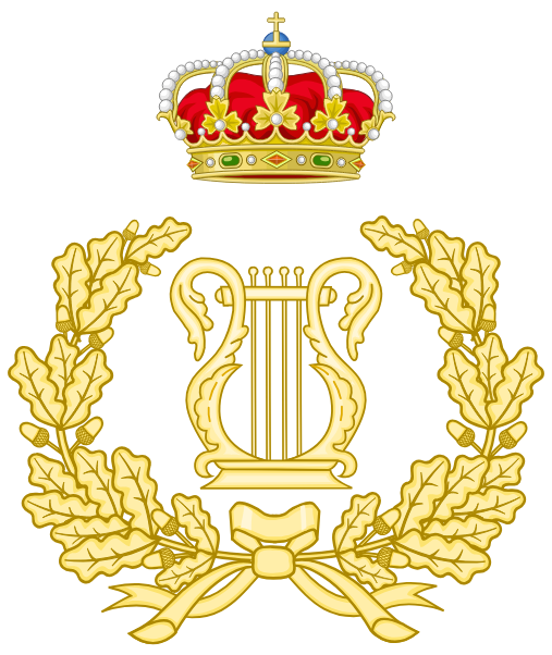 Emblema de música militar: una lira dorada con corona real y ramas de roble